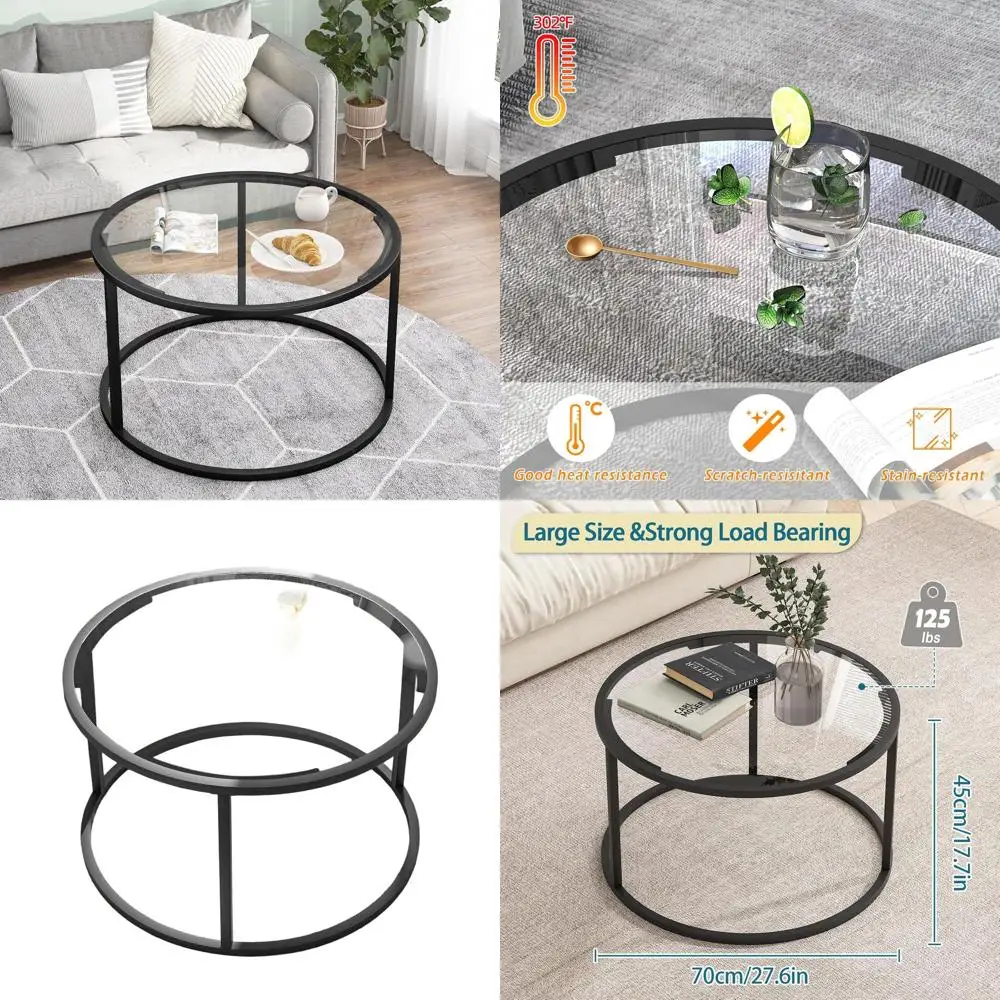 

Modern 27 Clear Glass Top Coffee Table with Black Metal Frame for Living Room/Home Office, Easy Assembly