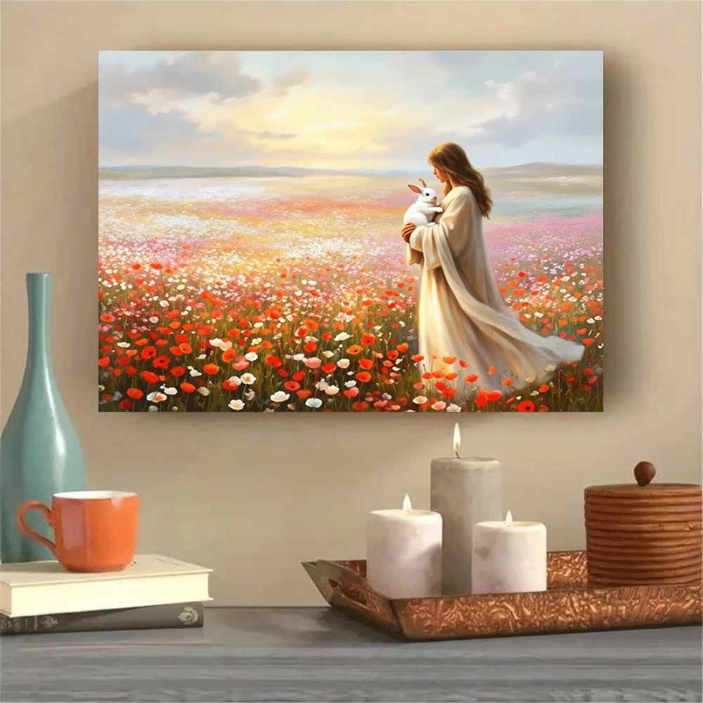 1PC-Unframed Canvas poster wall decoration  Peaceful Woman Holding White Rabbit in Flower Field Sunset Landscape Art Print