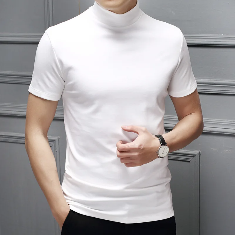 T-Shirts Men Turtleneck Milk Silk Short-Sleeved Blouse Slim T-Shirt Solid-Color Bottoming Shirt Breathable Basic Tee Shirt Homme