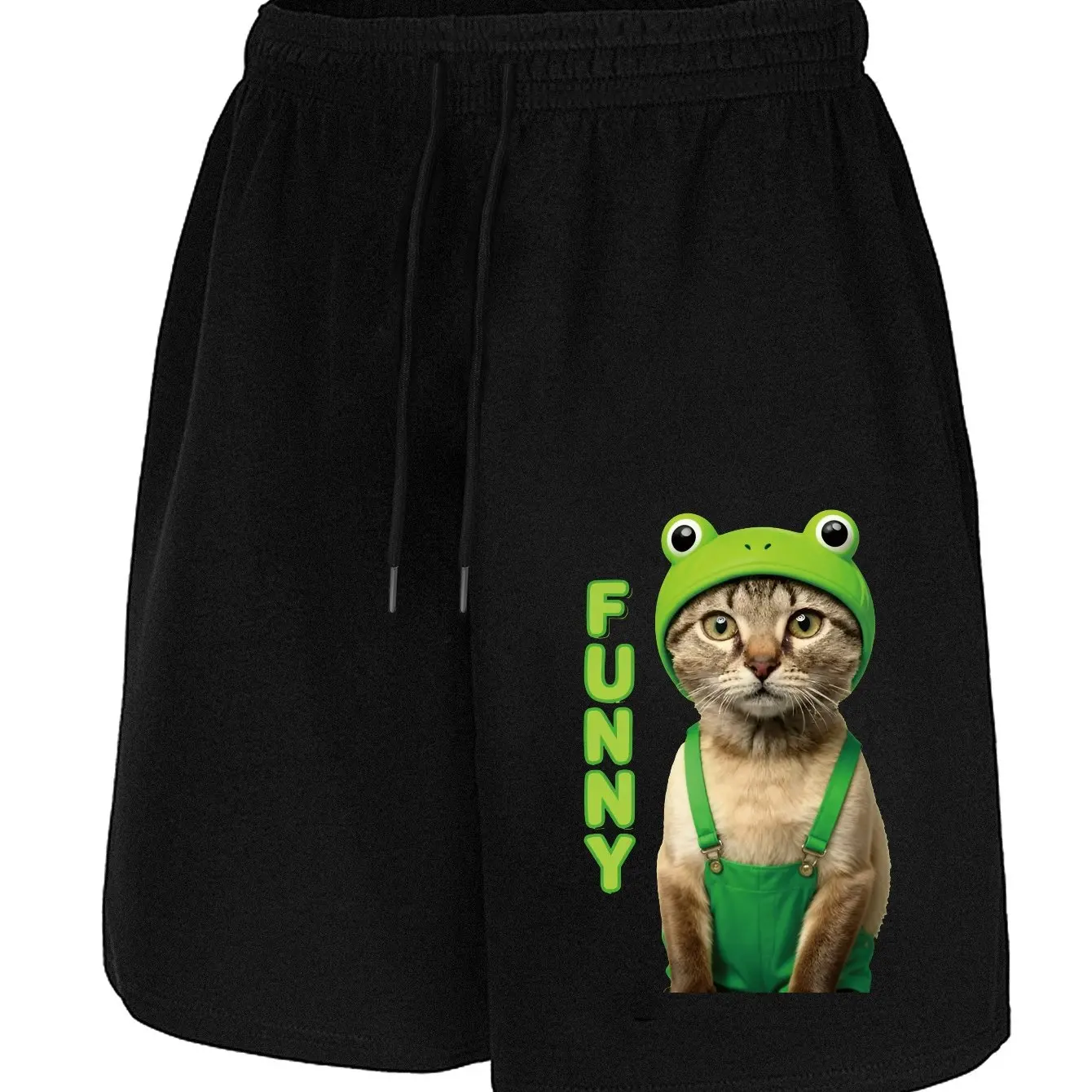 

Cat Green Frog Hat Printed Shorts, Casual Shorts with Pockets and Drawstring, Summer, Outdoor Fitness Shorts, Men's Shorts