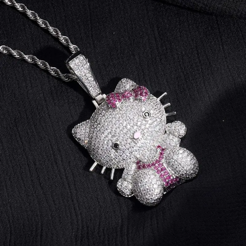 Kawaii Sanrioed Necklace Anime Diamond Hello Kittys Pendant Necklace Hip Hop Fashion Men's and Women's Cuba Chain Holiday Gifts