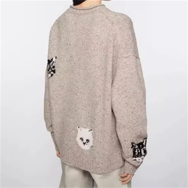 Women's sweater New elastic knitted round neck pullover for autumn 2024 Cat jacquard long sleeved top cotton blend knitwear y2k