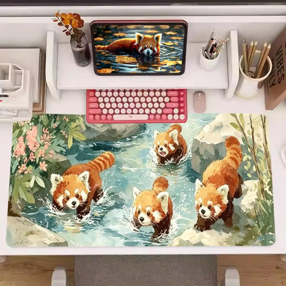 Swimming Red Panda Table Mat Stitched Edges Thick Rubber Play Mat For Kids Home Playroom