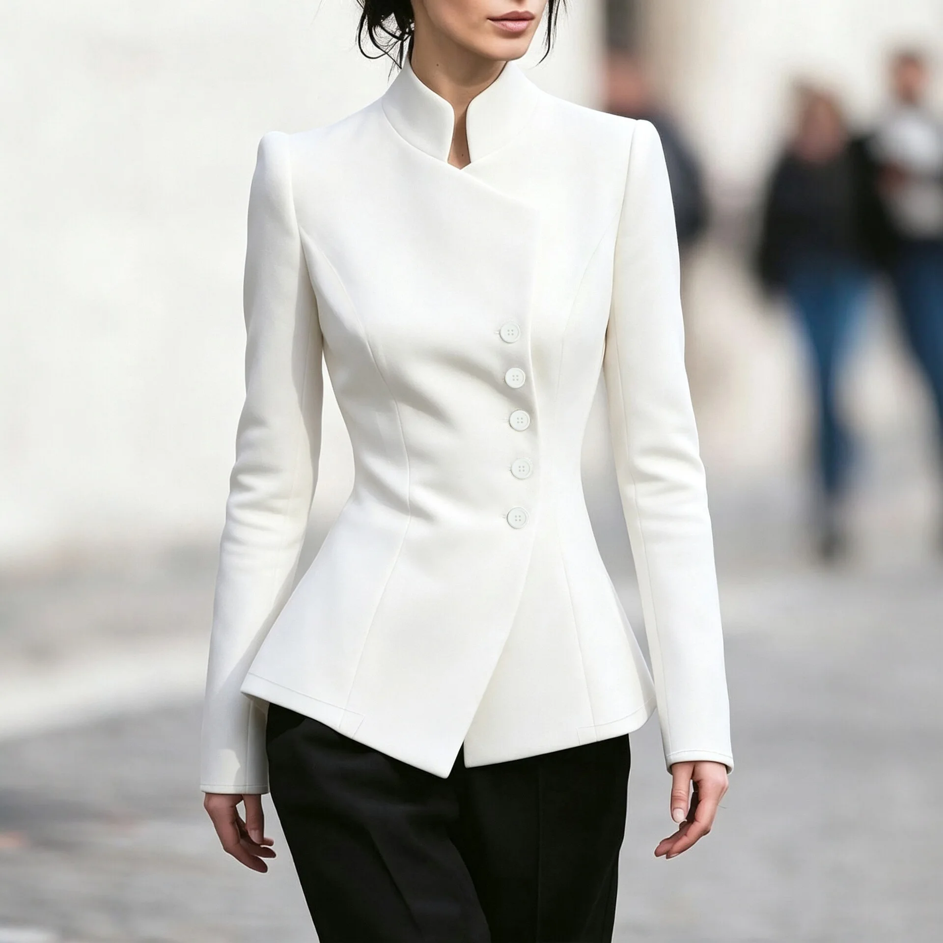 Spring Autumn New Arrival Women Elegant Fashion Stand Collar Blazer Slim Fit Peplum Hem Asymmetric Button Office Short Jacket