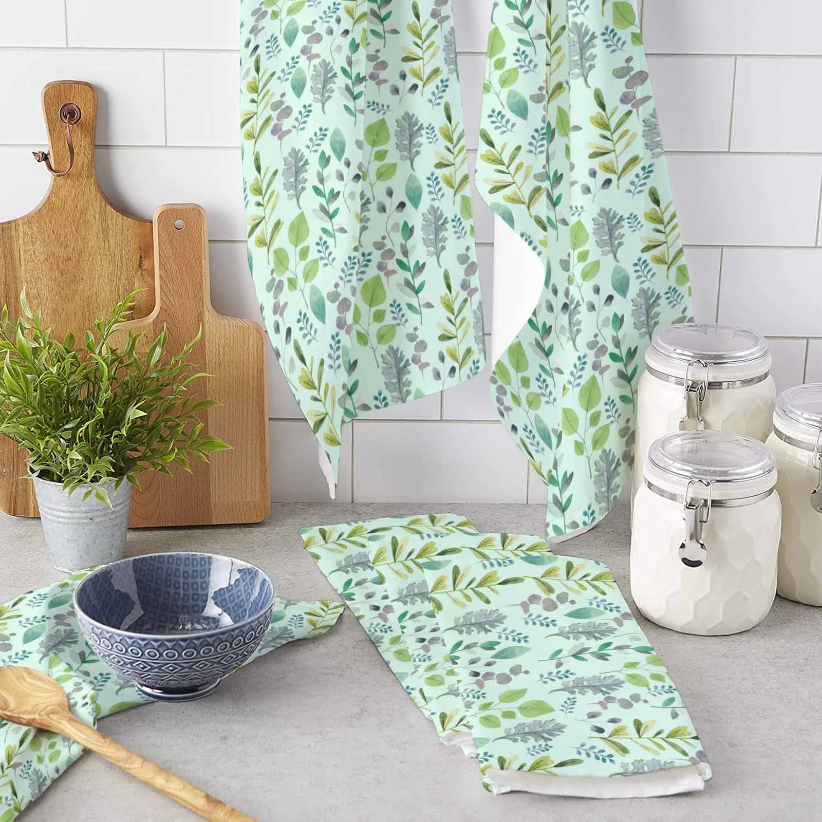 Plant Green Leaves Eucalyptus Watercolor Towel Set Cleaning Cloth Kitchen Accessories Dish Washing Cloth Household