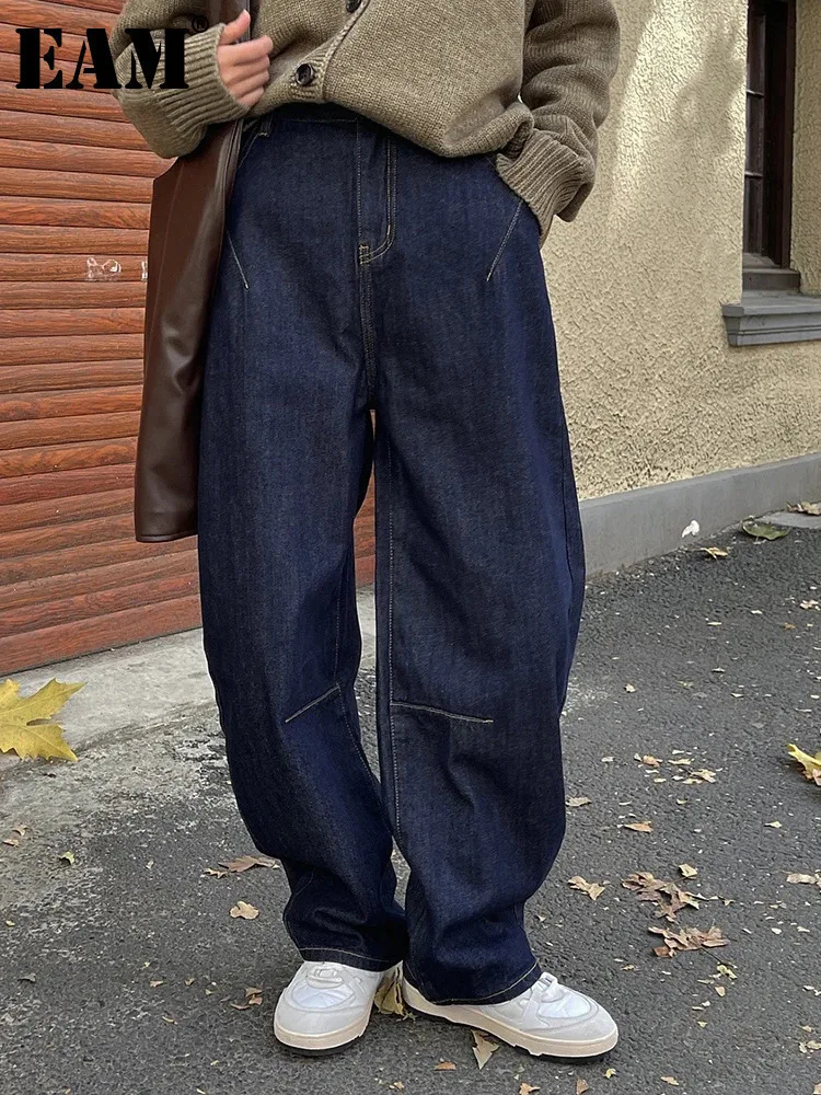 

[EAM] High Waist Dark Blue Denim Long Casual Wide Leg Jeans New Loose Women Trousers Fashion Tide Spring Autumn 2024 1DH1472