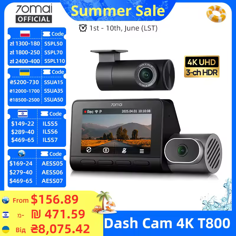 70mai מצלמת רכב 4K T800 עם מודול 4G UP04 Supercapacitor 3 ערוצים HDR Wifi 6 GPS שלט מרחוק התראה בזמן אמת 70mai T800