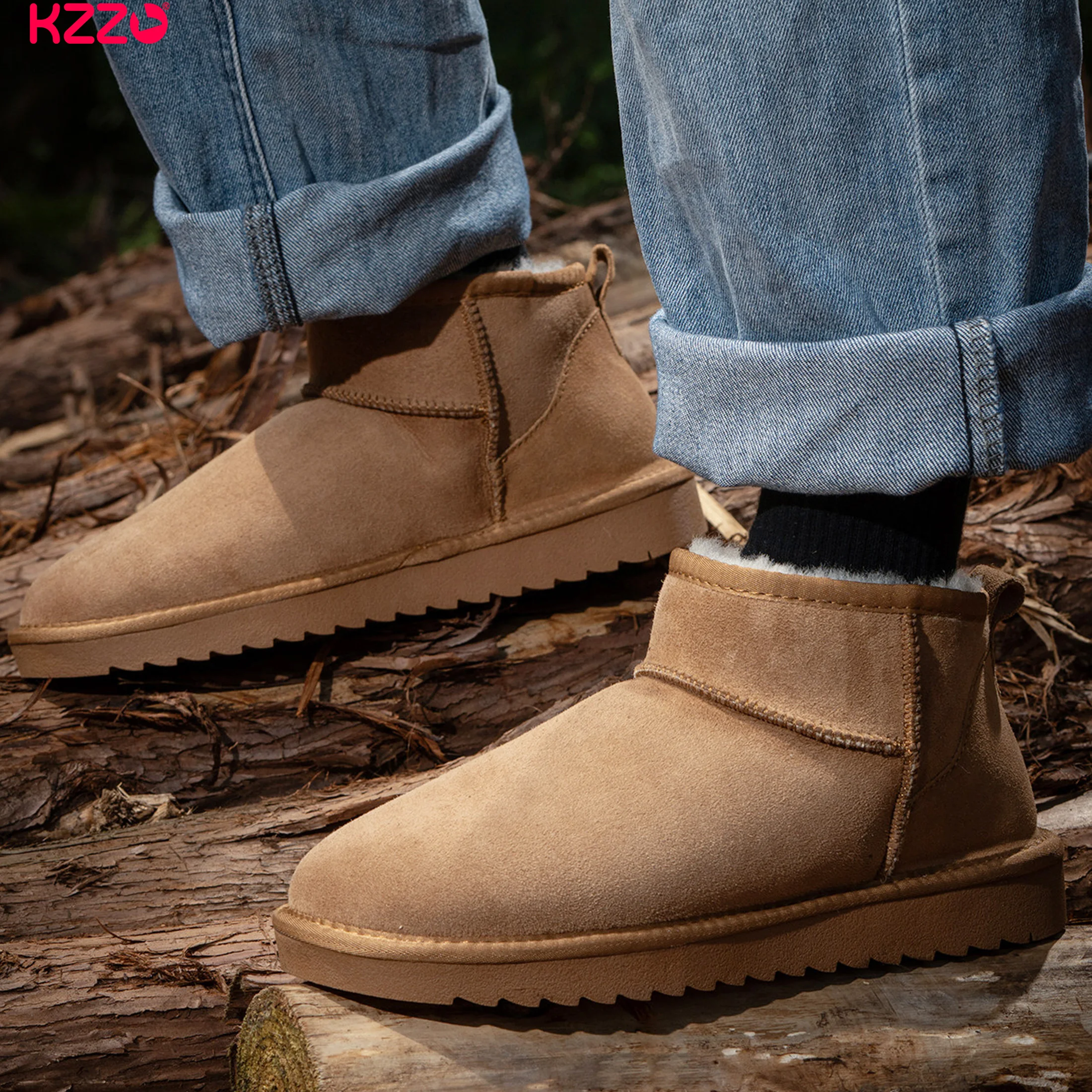 KZZO Women Sheepskin Leather Mini Snow Boots Australia Natural Wool Fur Lined Short Winter Warm Snow Shoes Non-slip Large size