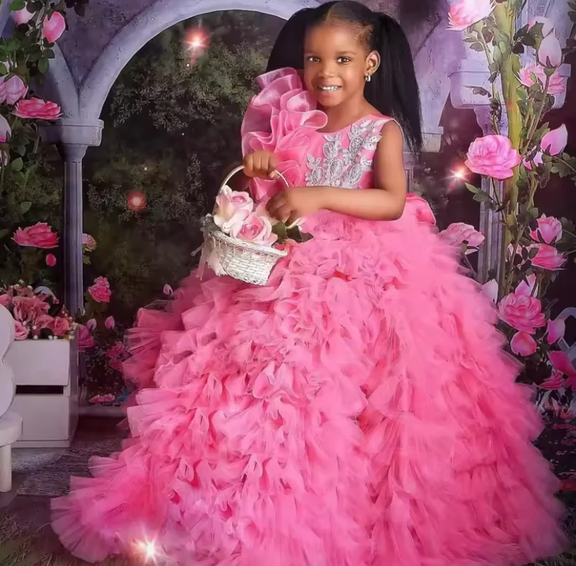 새로운 럭셔리 보라색 미인 대회 꽃 소녀 드레스 결혼식을위한 미인 대회 가운 오 넥 공주 생일 파티 게스트 저녁 맞춤형