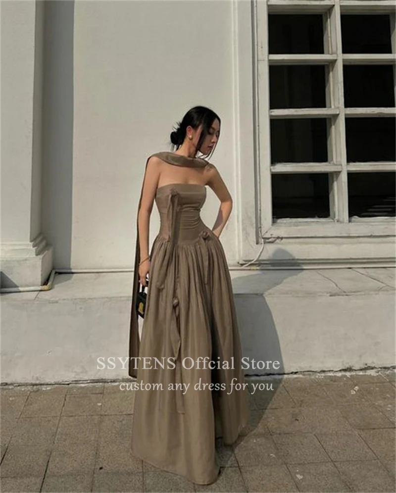 Modern Silk Brown Evening Gowns Sleeveless Long A Line Prom Dresses with Scarf Strapless Elegant Invited Wedding Evening Dress