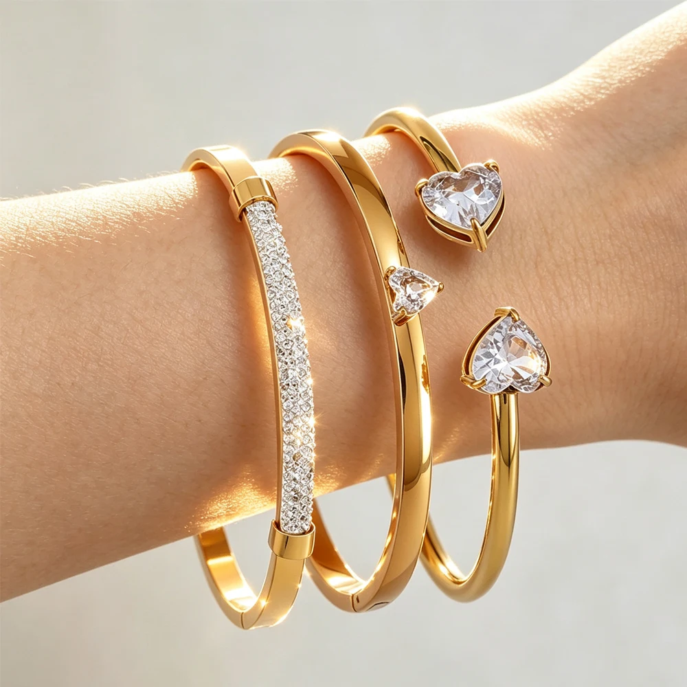 ZAKOL 3-teiliges Set 316 Edelstahl-Armbänder Glänzender Herz-Zirkon Offener Armreif Valentinstag Gestapeltes Handgelenk-Schmuckset Geschenke – Detail 5