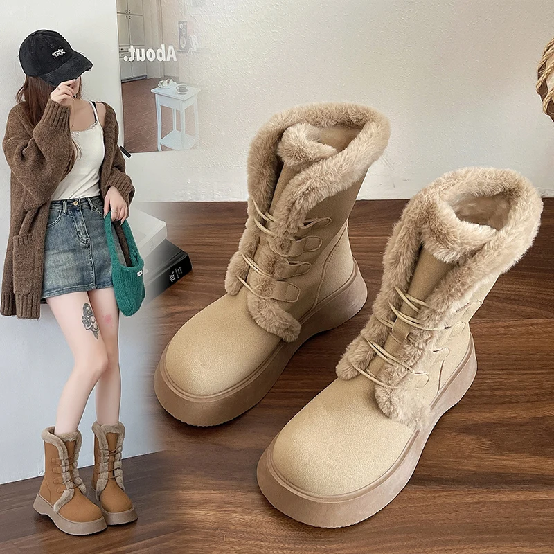 

2025 г., хит продаж, женские ботинки высокого качества, зимние легкие женские ботинки до середины икры, теплые женские повседневные ботинки на плоской подошве со шнуровкой