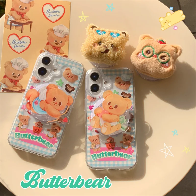 

Korean Cute Cartoon Chef Bear Magsafe Wireless Charge Case For iPhone 11 12 13 14 15 16 Pro Max Angel Bear Plush Magnetic Stand
