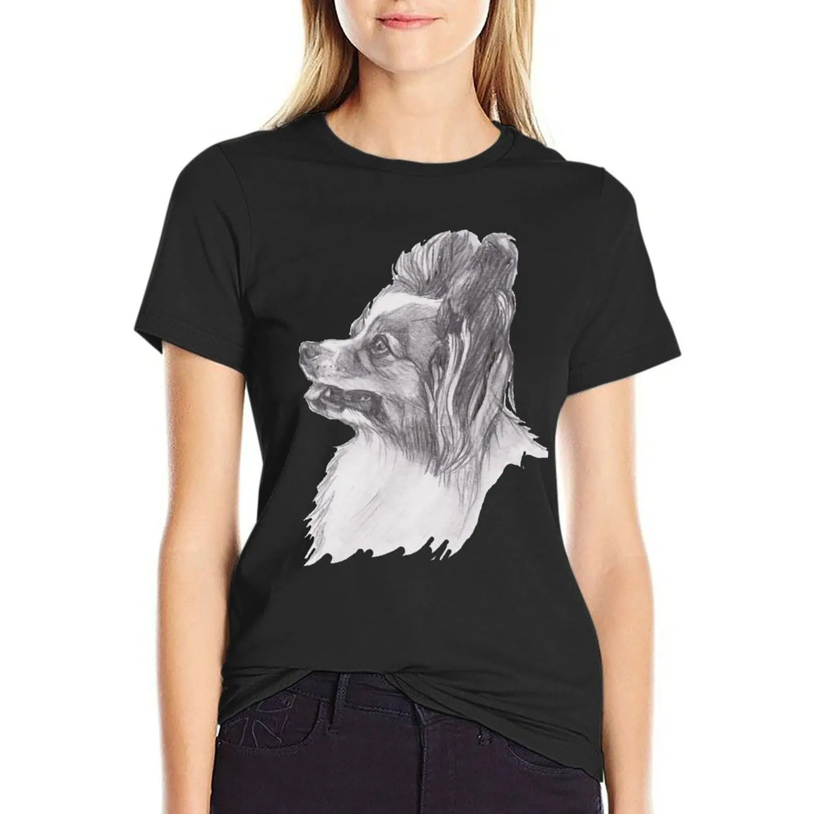 

Classic Papillon Dog Profile Drawing T-Shirt blanks Short sleeve tee Blouse female plain t shirts for Women