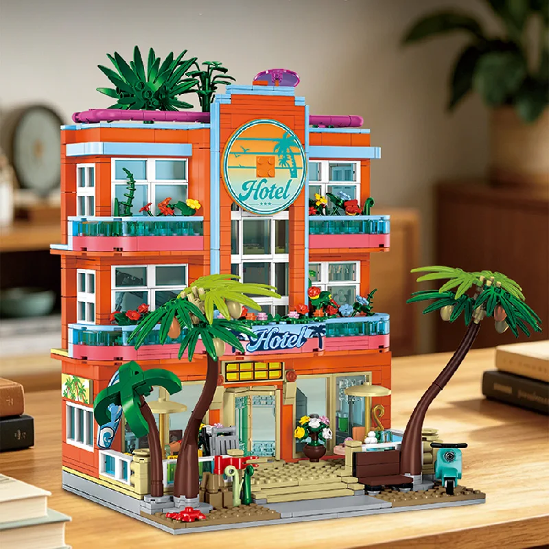 City Street View Series MOC 1612pcs Miami Resort Hotel Building Blocks Bricks Set Large Seaside Hotel Model Oranment Toys Gifts