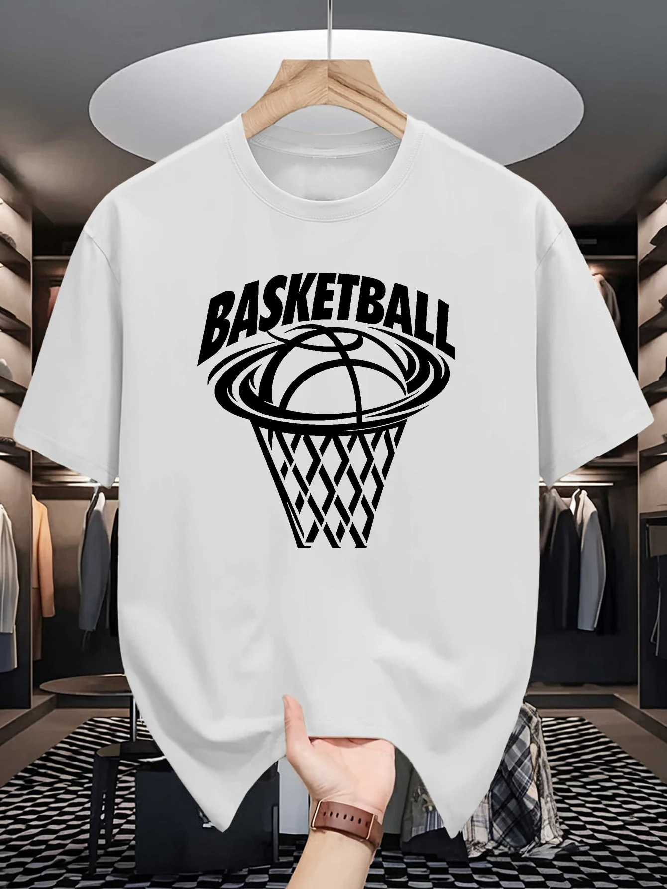 Basketball Hoop Sport Print Mens Crew Neck T Shirt Ball Net Typography Graphic Short Sleeve Casual Cotton Trendy Street Tees