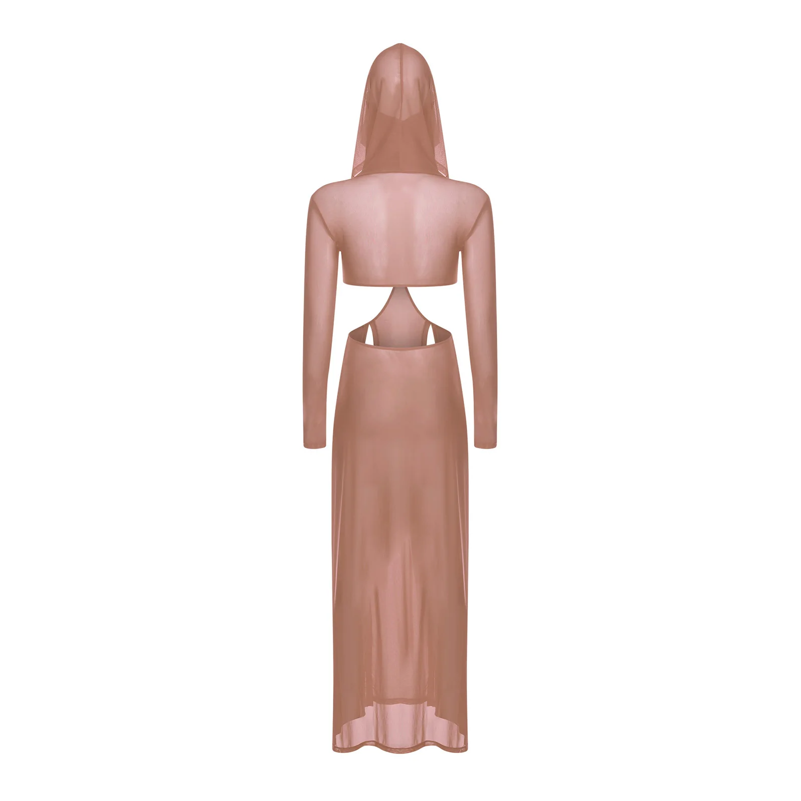 Womens sexy pure maxi hoge split jurk met capuchon gezichtsmasker lange mouwen uitgehold cover-up mesh jurk voor strand zwembad party clubwear