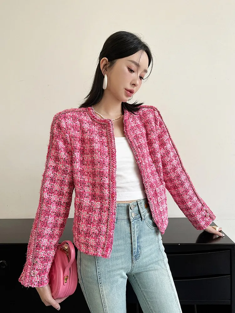 Elegant Women O Neck Loose Fit Office Work Tweed Jacket Vintage Plaid Twill Coat High Quality Lady Birthday Party Outwear Jacket