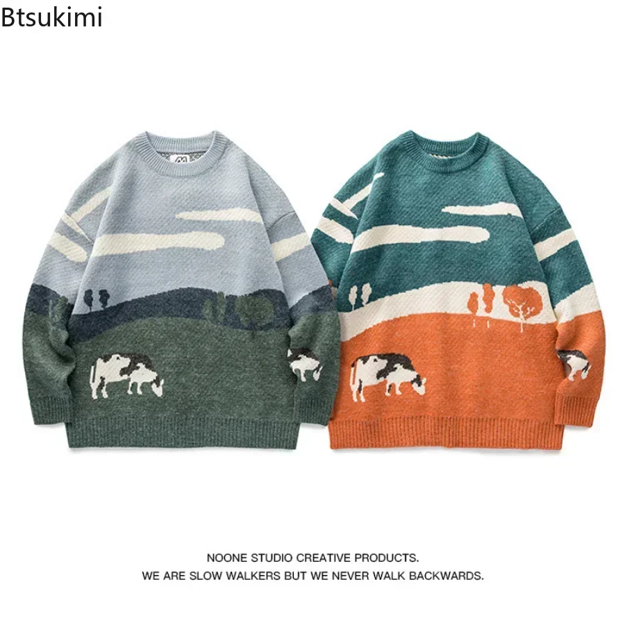 New 2024 Autumn Winter Men Cows Vintage Sweaters Pullover Mens O-Neck Korean Fashions Sweater Casual Harajuku Clothes Knitted