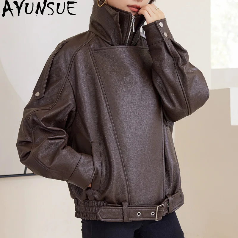 AYUNSUE Echt Leder Jacke Frauen 2025, Schwarz Schaffell Motorrad Jacken Frühling Herbst Kleidung Frauen Lose Fit Jaqueta De Couro