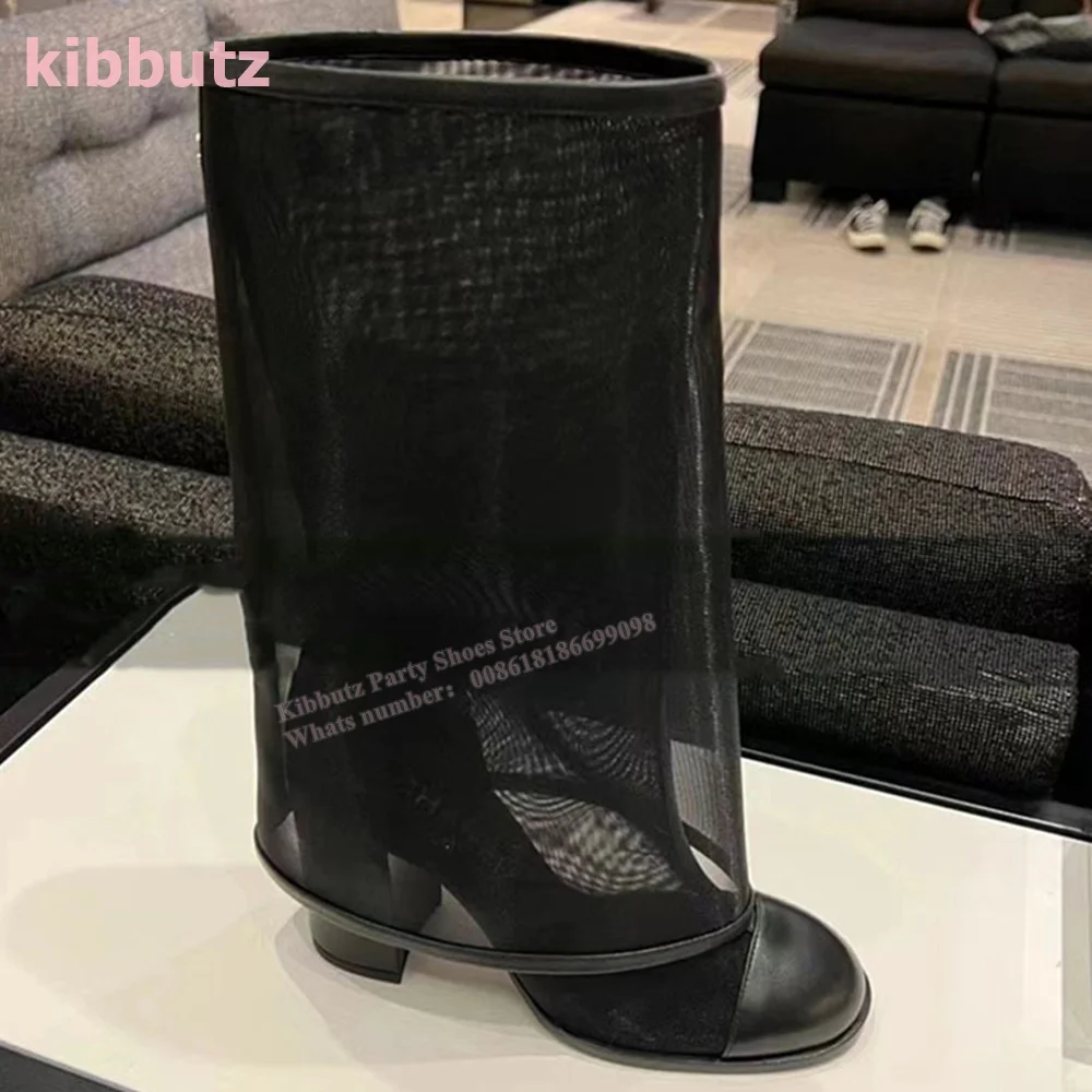 Mess Mid Calf Boots Round Toe Square Toe Solid Black Slip-On Permeability Fashion Novelty Sexy Runway Show Women Shoes Newest