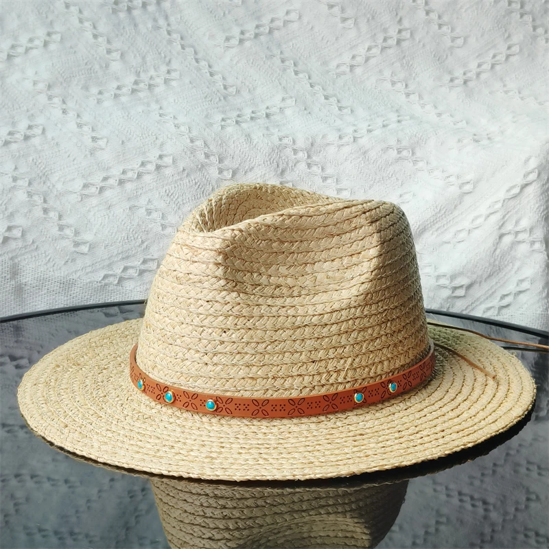 Vintage raffia straw fedora hats men women top hats jazz hat summer shade versatile sunscreen raffia flat-brim sun hat panama