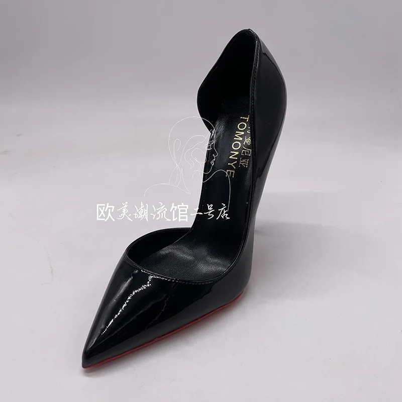 Hot sale TOMONYE black green patent open one side ultra thin 120mm heel women lady custom plus big size evening  shoes pump