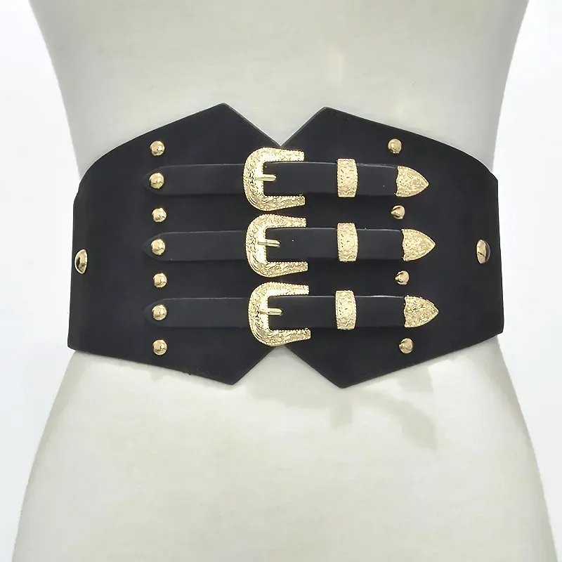 Fashion Women Wide Belt New Metal Buckle Elastic Waistband Leather Rivet Ultra Wide Belt for Women Stretch Thick Waist Dress