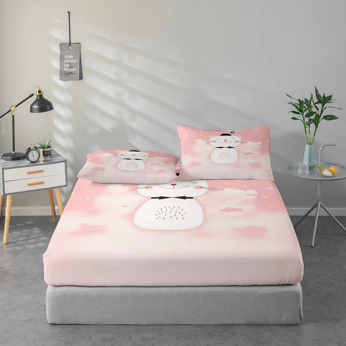 

Cute Cat Print Pattern Bed Sheet Set, Mattress Protector and Pillowcase Combination, High-Definition Printed Bed Sheet Set Includes 1 Fitted Sheet + 1 or 2 Pillowcases (60*100cm and 72*132cm Are 1 Pillowcase, the Rest of the Sizes Are 2 Pillowcases), Suit