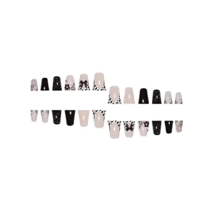 24 buah Tambalan Kuku Palsu Dduckbill Pendek Ikatan Simpul Hitam Mengkilap Dekorasi Berlian Imitasi Berkilau Bintang Tekan Manikur Gambar Macan Tutul Kuku 10 kuku bermotif macan tutul dengan penjualan terbaik - №