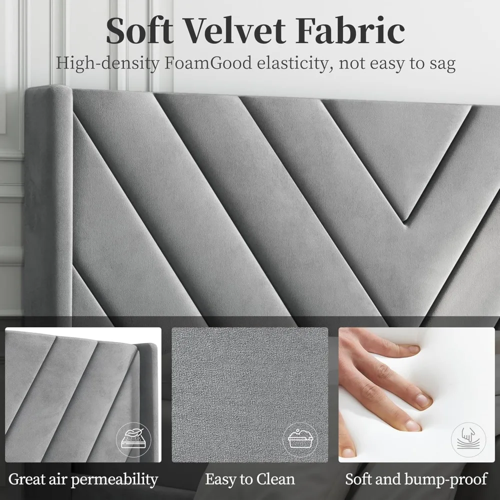 سرير بمنصة منجدة بإطار سرير مع جانب جناح/دعم شريحة خشبية/لوح رأسي معنقدة مع جانب جناح/أساس مرتبة