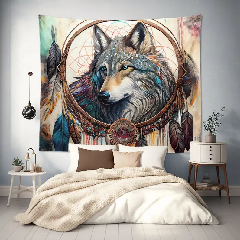 Tapiz atrapasueños de lobo, espíritu nativo americano, arte animal, decoración de pared del dormitorio bohemio, mural inspirado en la naturaleza