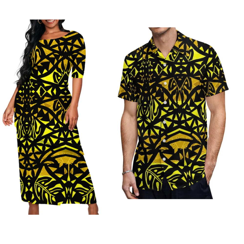 Summer Women'S Crew-Neck Tops And Hip Wrap Maxi Puletasi Dresses For Women And Aloha Shirts For Men Polynesian Couple Suits