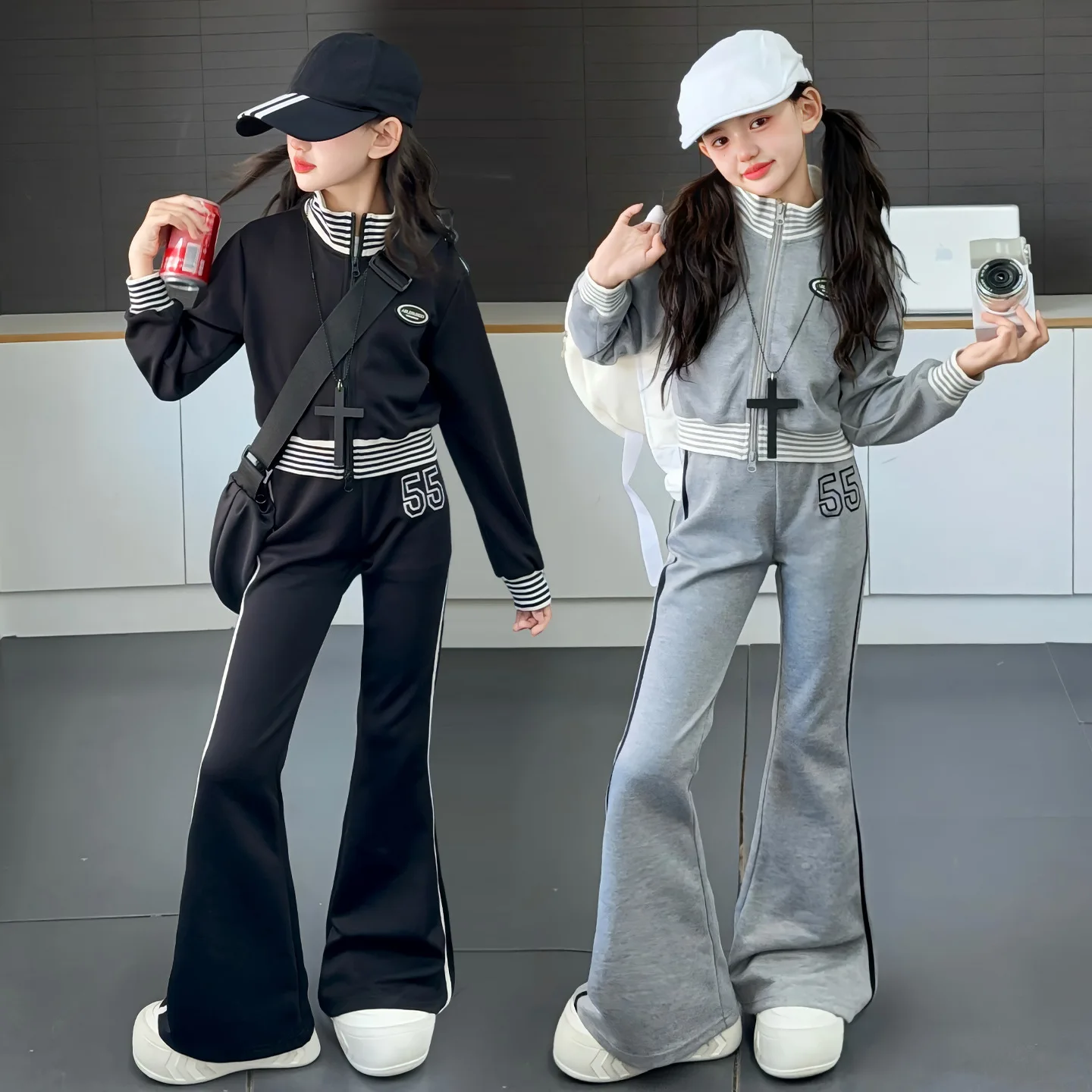 New Autumn Winter Teenager Kids Girl Children Set Cloth Jacket crop top sweatsh + bell-bottoms pants 4 8 9 10 11 12 14 15 Year