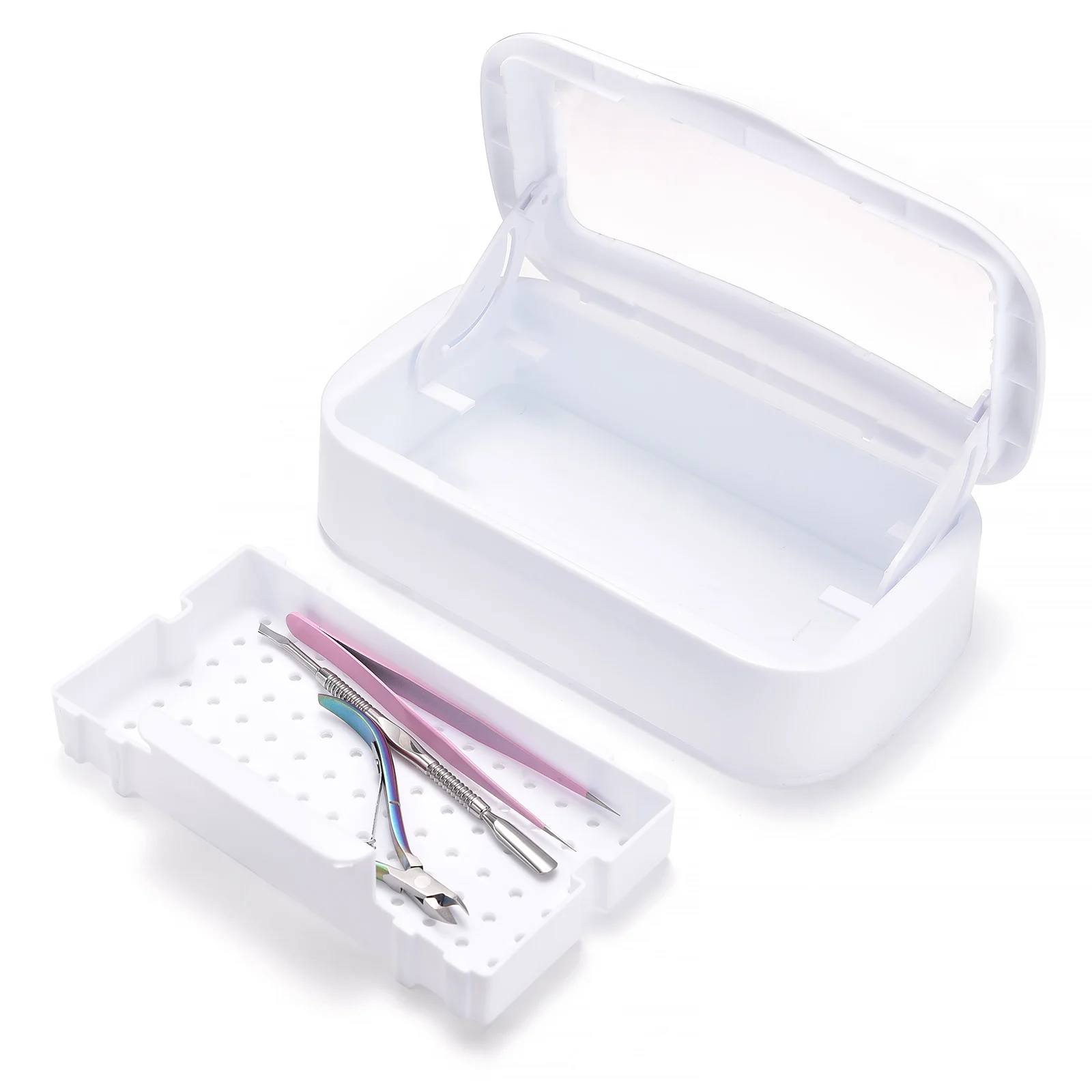 Caixa esterilizadora de ferramentas para unhas, com bandeja removível, abs, cabeça de polimento branca, caixa de desinfecção, armazenamento para ferramenta de manicure