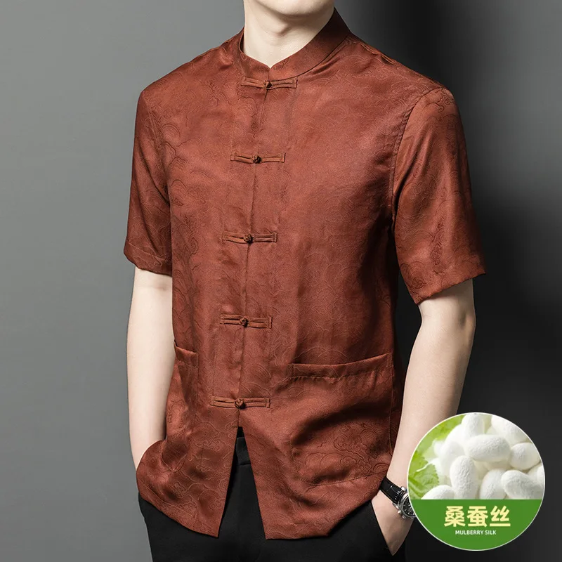 

High Quality Real Silk Men's Summer New Xiangyun Yarn Suit Middle-Aged Stand Collar Chinese Short Sleeve Men