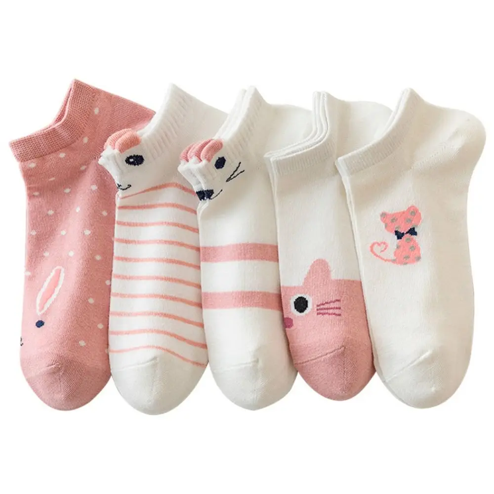 5 Pairs Breathable Cartoon Cat Print Socks Soft & Comfy Low Cut Ankle Socks Women's Stockings & Hosiery