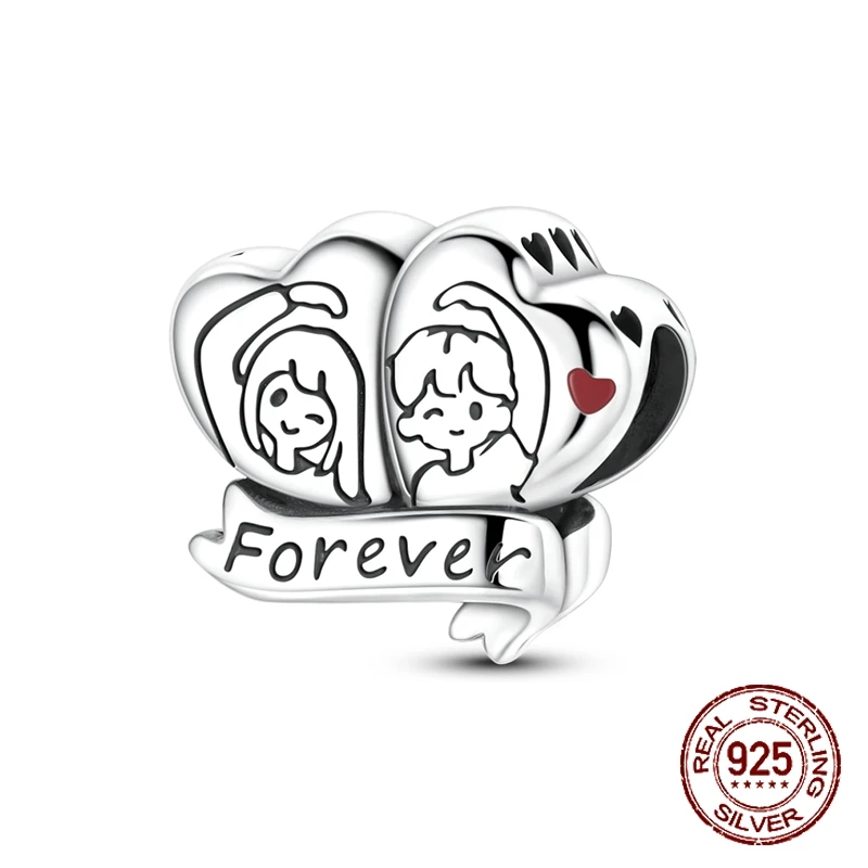 

925 Sterling Silver Couple's Interlocking Hearts Beads Boy&Girl Charm Fit Original Charm Bracelets Women DIY Jewelry Gift