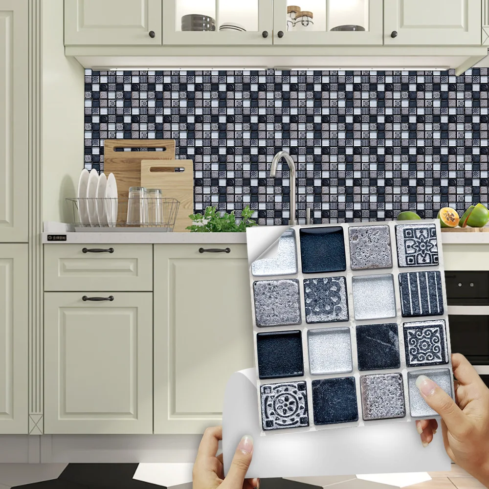 Self-adhesive Removable Mosaic Simulation Tile Kitchen Bathroom Decoration Waterproof Wall Sticker  10x10cm 15x15cm 10pcs