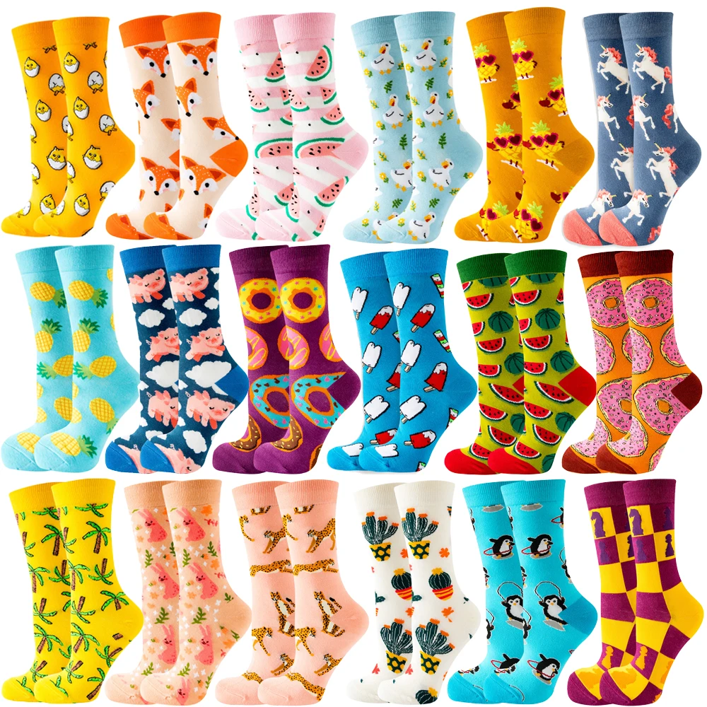 Chaussettes mignonnes d\'animaux de dessin animé pour femmes, chaussettes de nourriture de fruits, chaussettes de carillon drôles, Harajuku heureux,