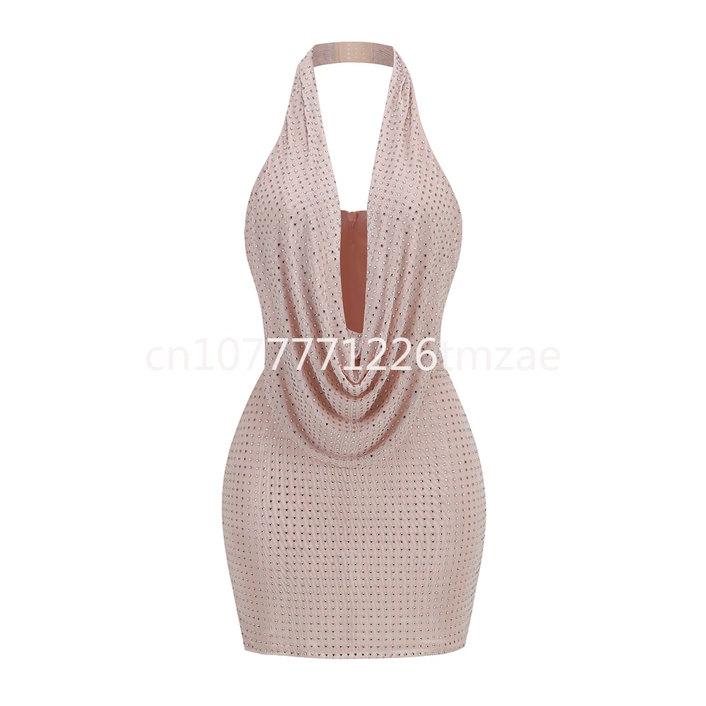 2024 New Summer Women's Clothes Sparkling No Back Diamond Mesh Mini Skinny Dress Sexy V-neck Party Club Long Sleeve Dress