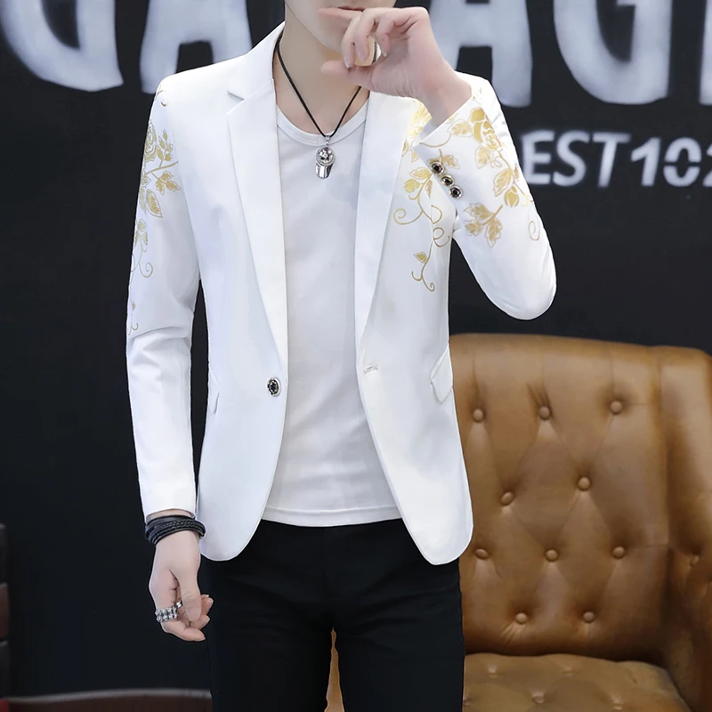 2023 Korean Style Gilded Flower Men Blazers Slim Fit Casual Business Suit Jackets Street Wear Social Wedding Groom Dress Coat