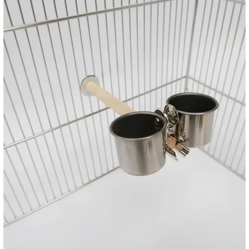 Stainless Steel Parrot Bird Feeder Cup Container Food Basin for Birdcage Accessories with Separate Wood Perch