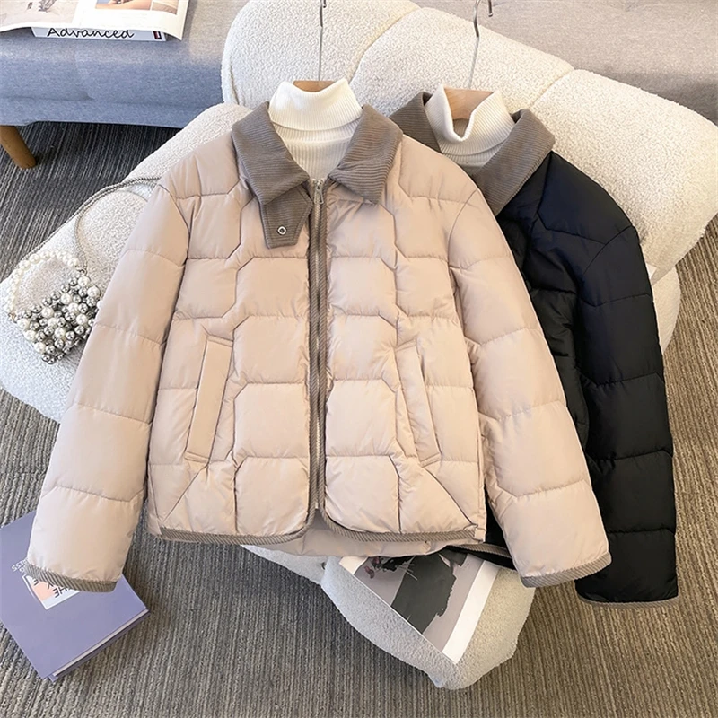 

Осень-зима, новые легкие короткие пуховые пальто, лоскутные женские хлопковые куртки на молнии с лацканами, корейская повседневная модная верхняя одежда