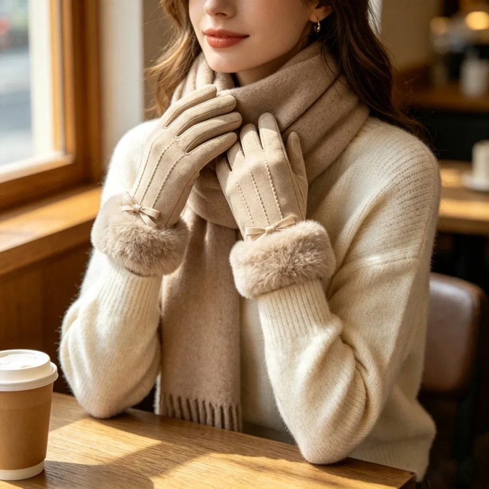 Faux Suede Material Winter Warm Gloves Thick Fleece Lined Touch Screen Compatible Fleece Lined Gloves Warm Thermal Layer