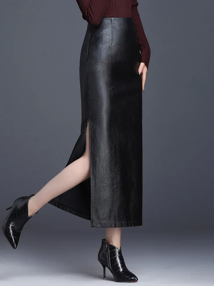 Fall Winter Women Black High Waist Occupation Work PU Leather Skirts S-3XL Female Ankle-Length OL Office Casual Pencil Skirt