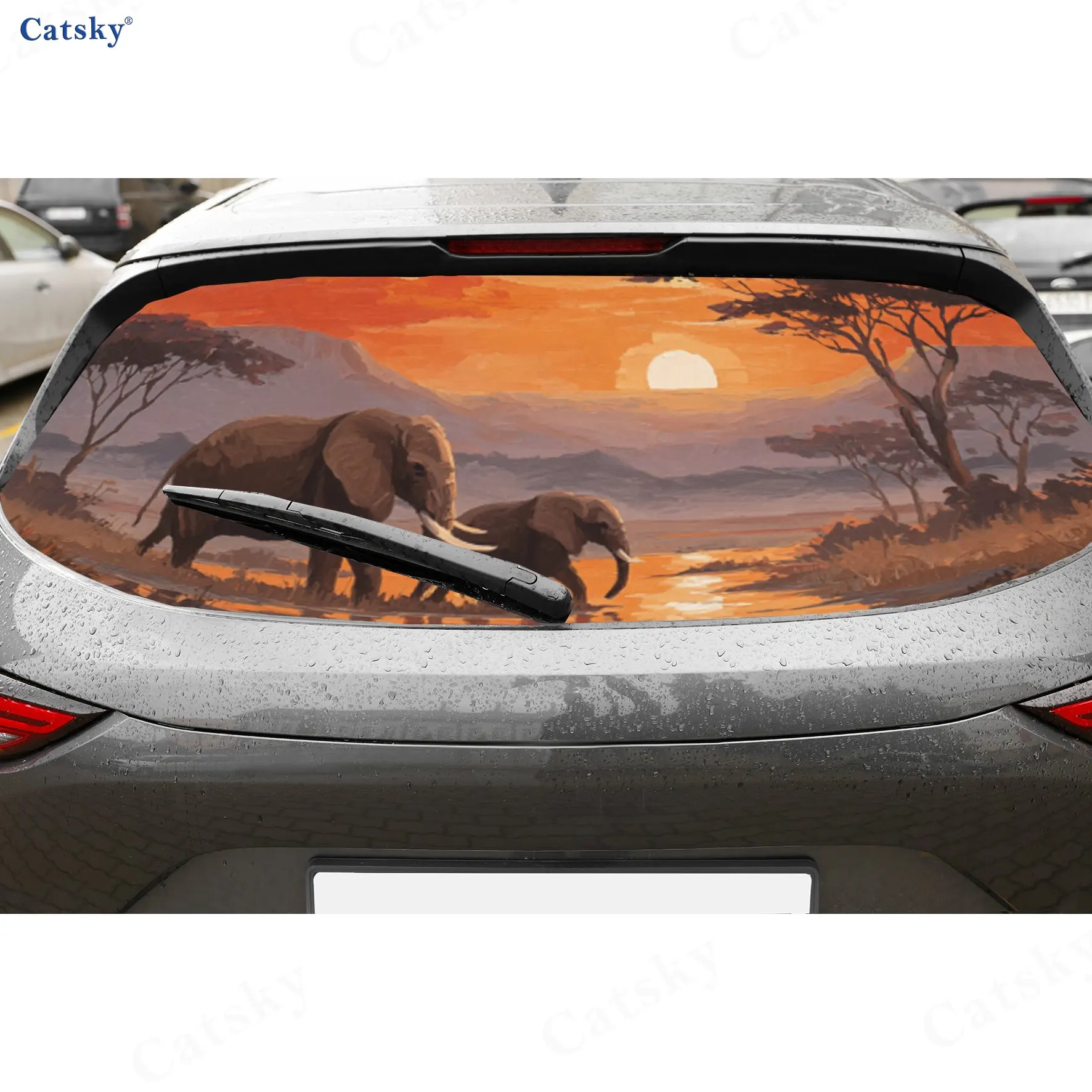 

African Elephant Family Sunset Charm PVC Perforated Car Vinyl Wraps, Durable Car Rear Windshield Sticker, Waterproof Car Rear Wi
