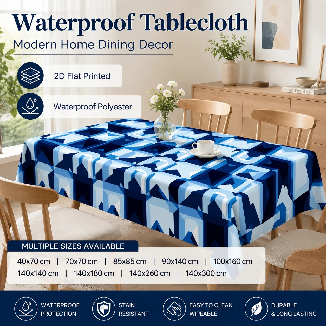 

Modern Blue Geometric Table Cloth Waterproof Polyester Stain Resistant 2D Flat Printed Kitchen Dining Banquet Table Cover