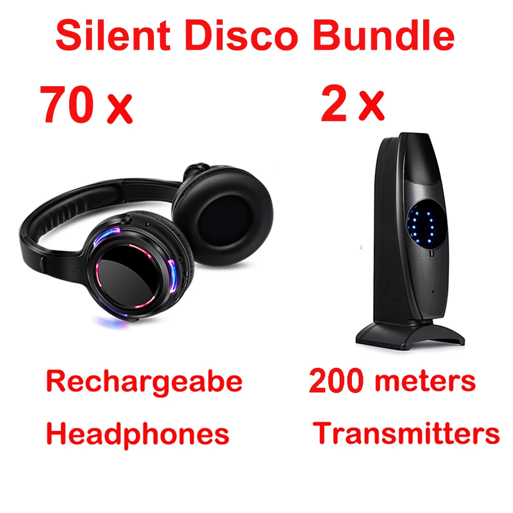 Silent Disco Headphones -70pcs LED Rechargeable RF Wireless Headsets with 2 Transmitters for Party Events Film Education