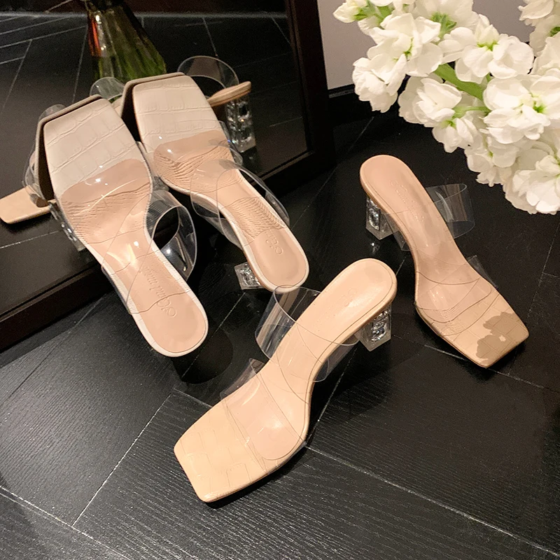 JOZHAMTA Size 34-39 Women Sandals Clear High Heels Summer Shoes Woman Open Toe Mules Chunky Heel Slippers Prom Street Slides